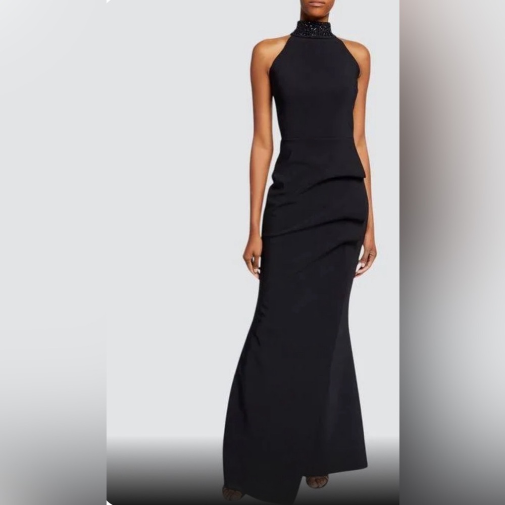 Chiara Boni Slavinka Beaded-Neck Halter Gown- Size 14 - Black